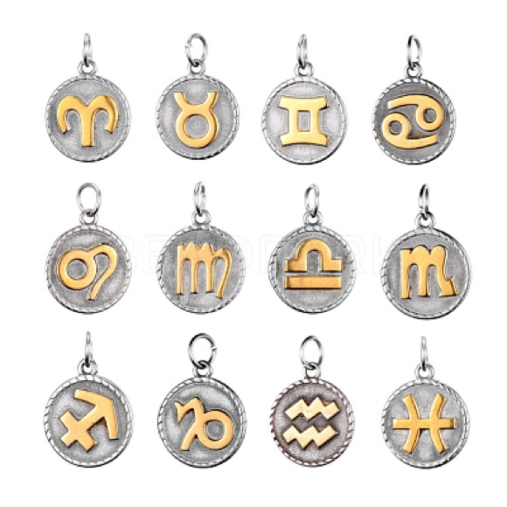 12 Stainless Steel Zodiac Pendants, Flat Round, Gold & Stainless Steel Color